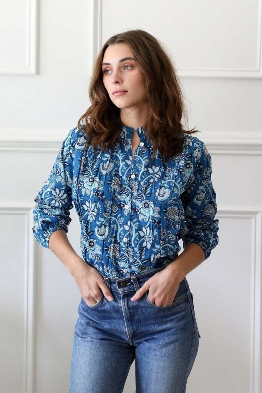 Mille Francesca French Blue Floral Cotton Top XS